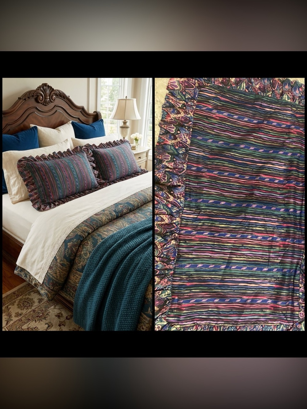 2 ViTG 90s Grandmillennial King Mix Print Jewel Tone Ruffle Trim Pillow Shams